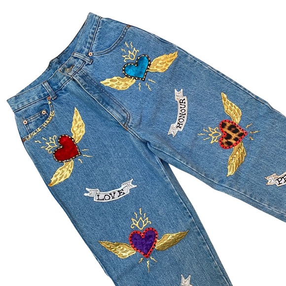 90s VINTAGE HIGH WAIST JEANS HAND PAINTED PATCHWORK TATTOOS SIZE 28 waist - Picture 3 of 4